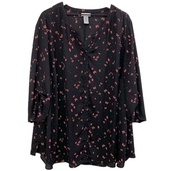 CATHERINES Simi Sheer Blouse Women’s 3X Black Pink Butterfly V Neck Button Up. - Picture 1 of 11